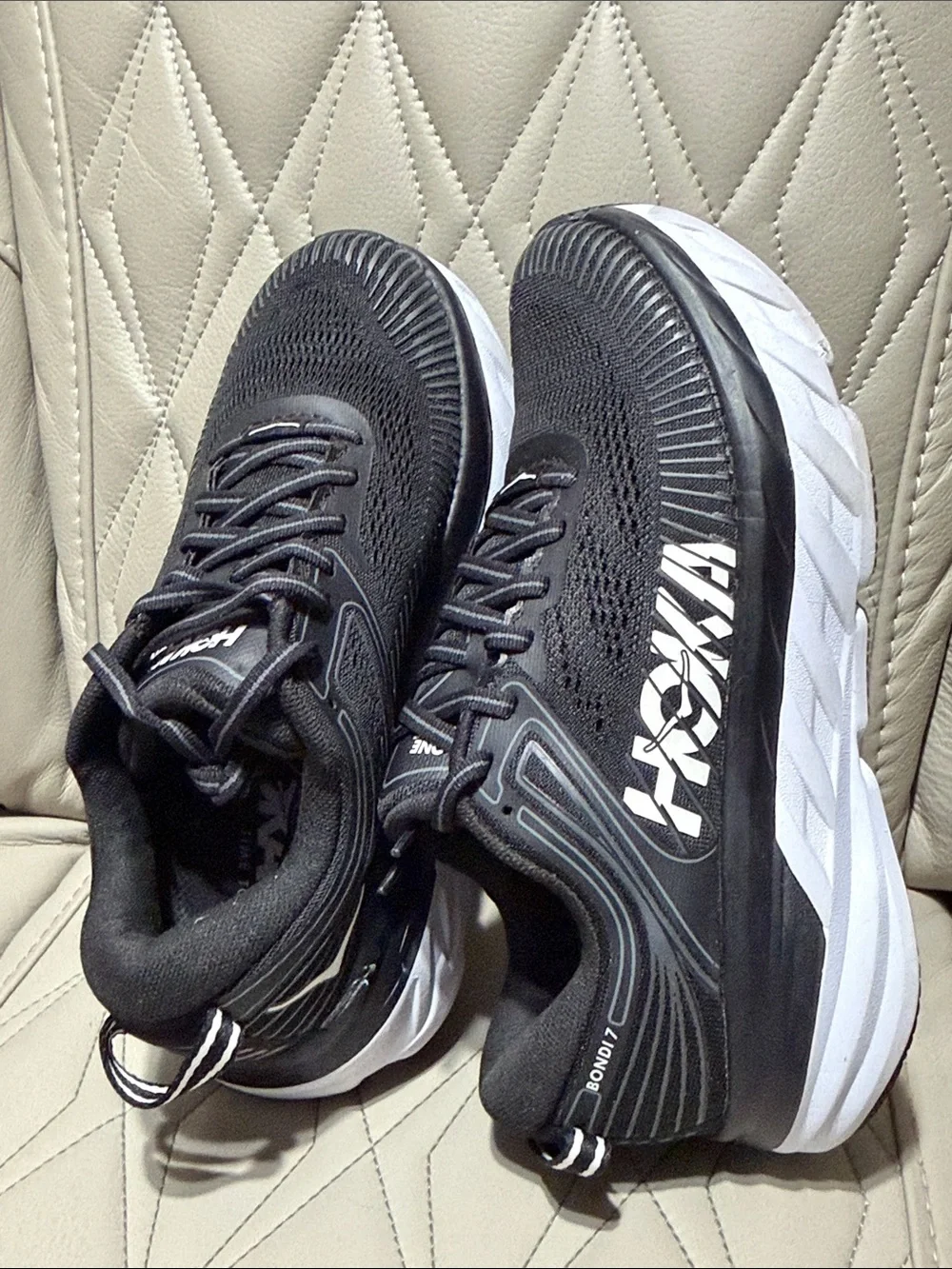 Hoka Black and White Bondi 7 Running Sneakers